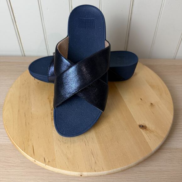 FitFlop NWOBox Womens Lulu Cross Glitz Slide Shoe Navy Blue Metallic 9M Comfort - Picture 1 of 14
